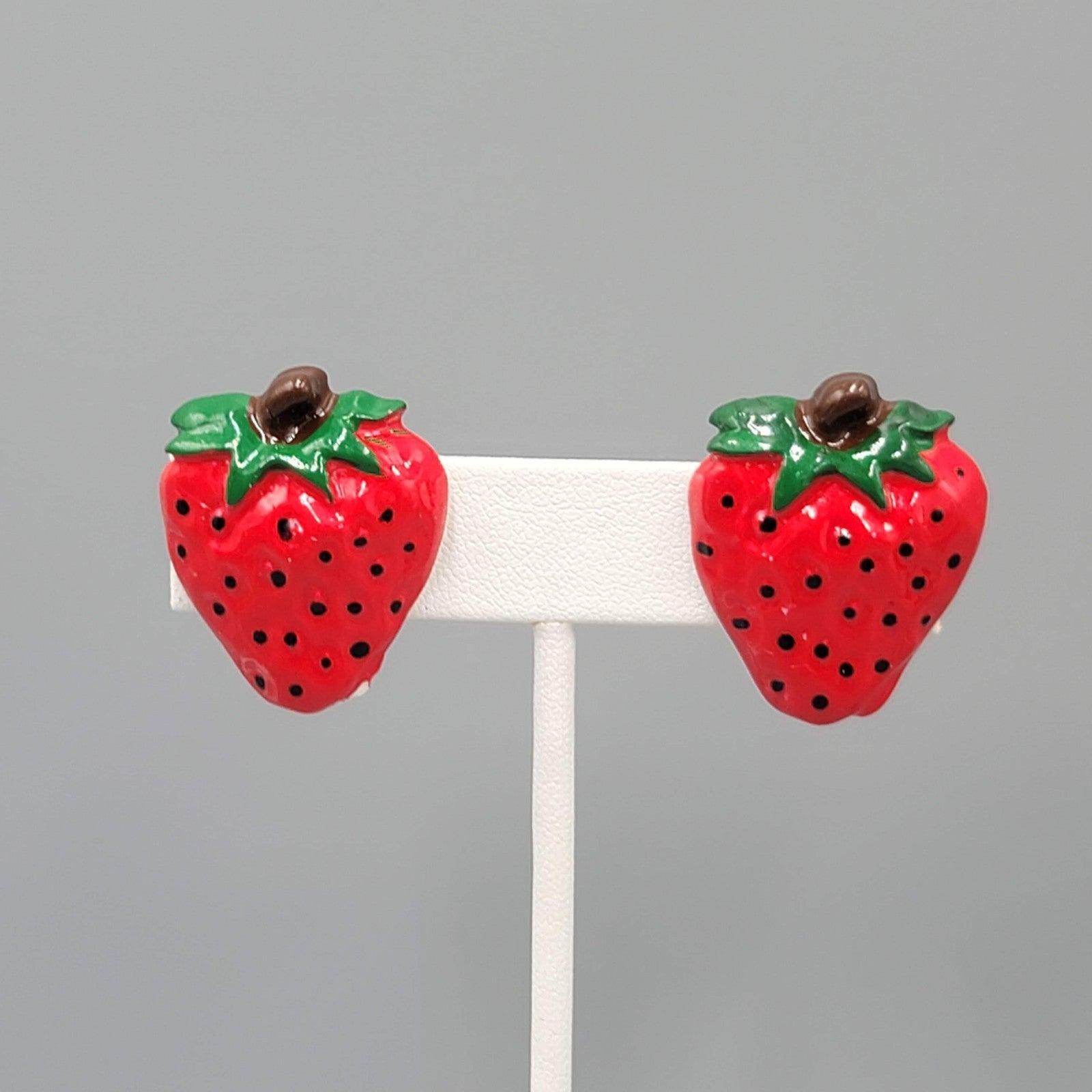 Vintage Strawberry Clip on Earrings Bright Colors Acrylic 1 1/8"