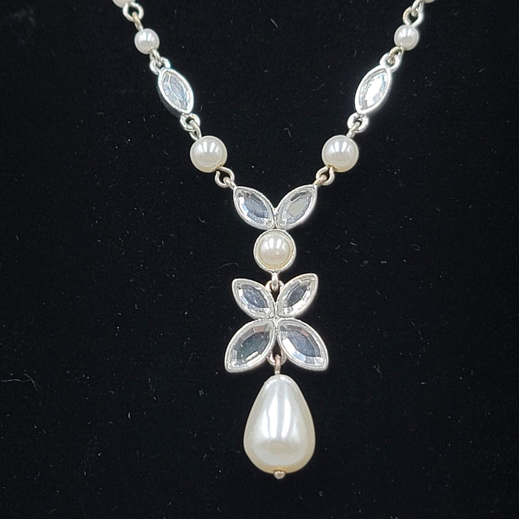 Napier Y Drop Necklace White Bead Silver tone 18"