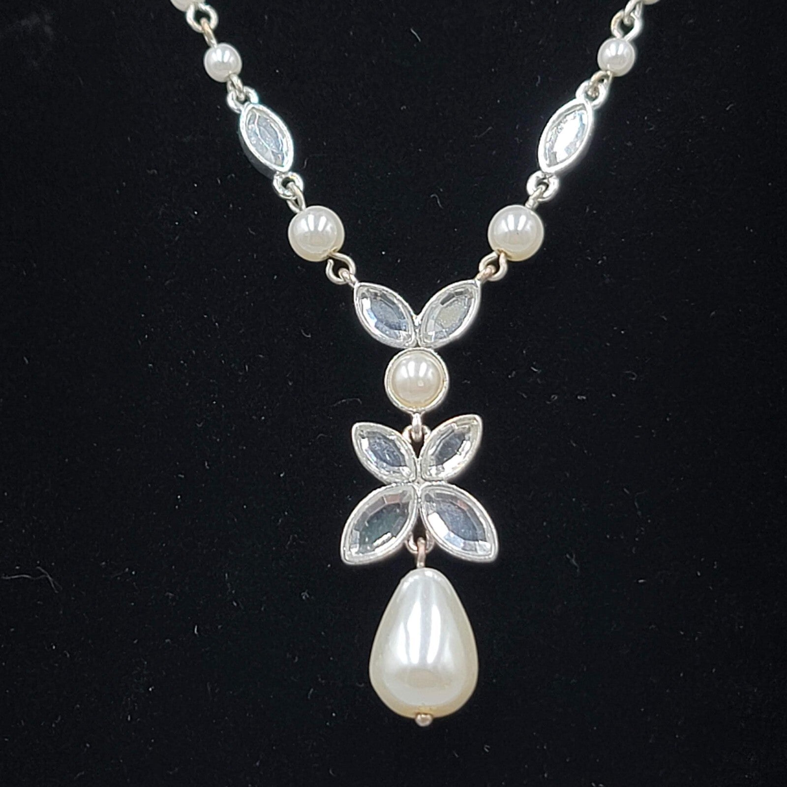 Napier Y Drop Necklace White Bead Silver tone 18"