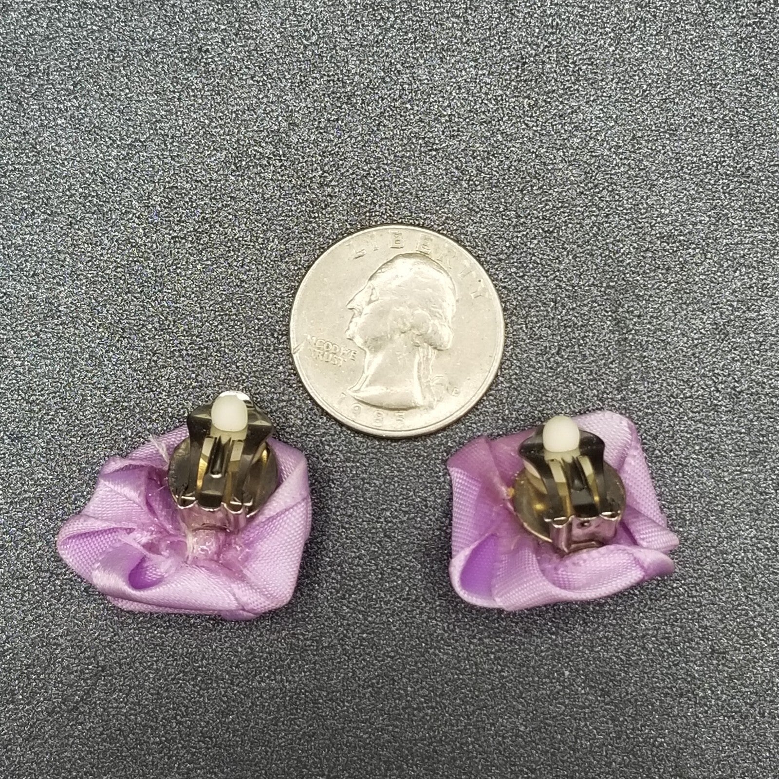Vintage Clip on Earrings Purple Fabric Flower Bow Statement Stud 1"