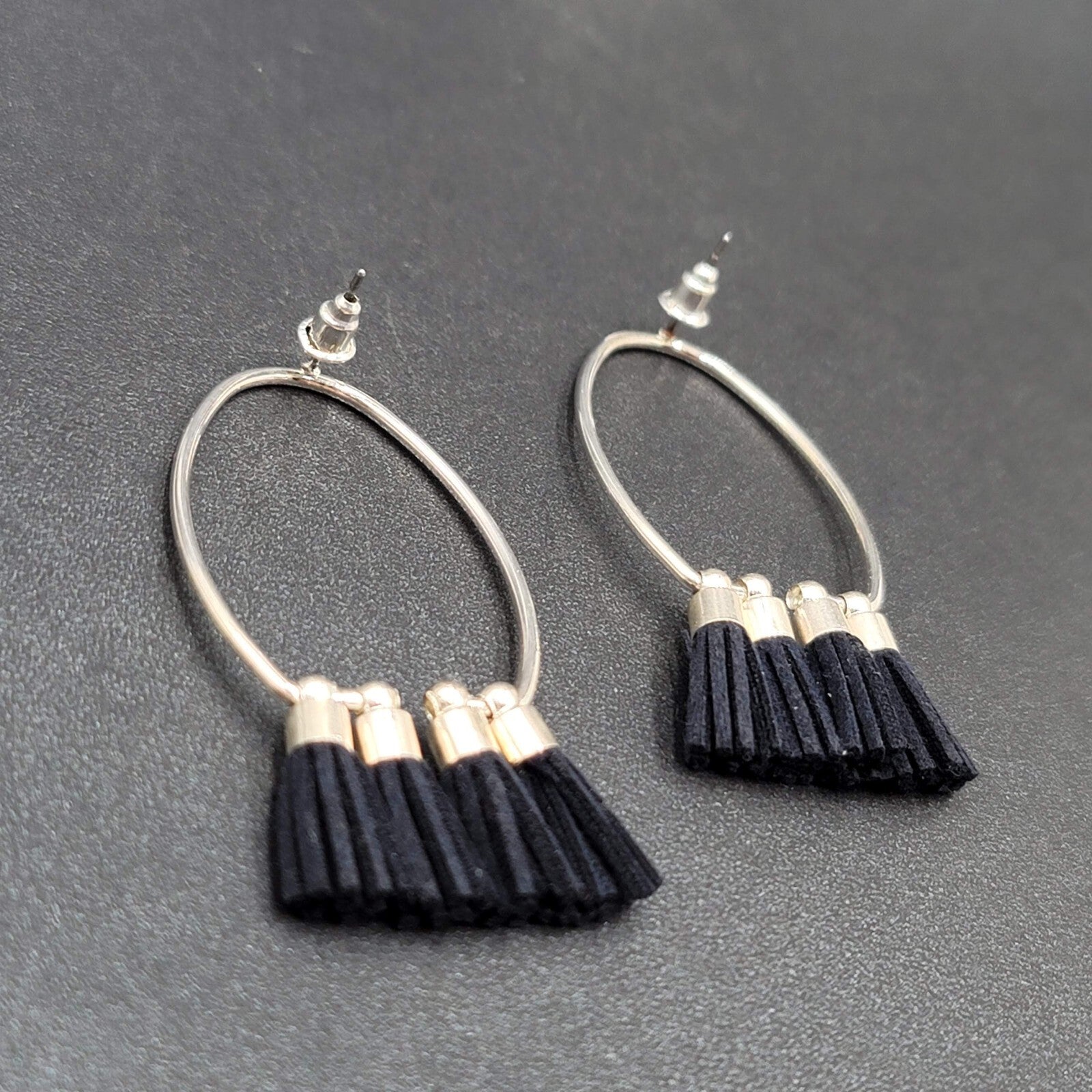 Pierced Earrings Silver tone Open Hoop Black Tassel Drop 2 1/8"