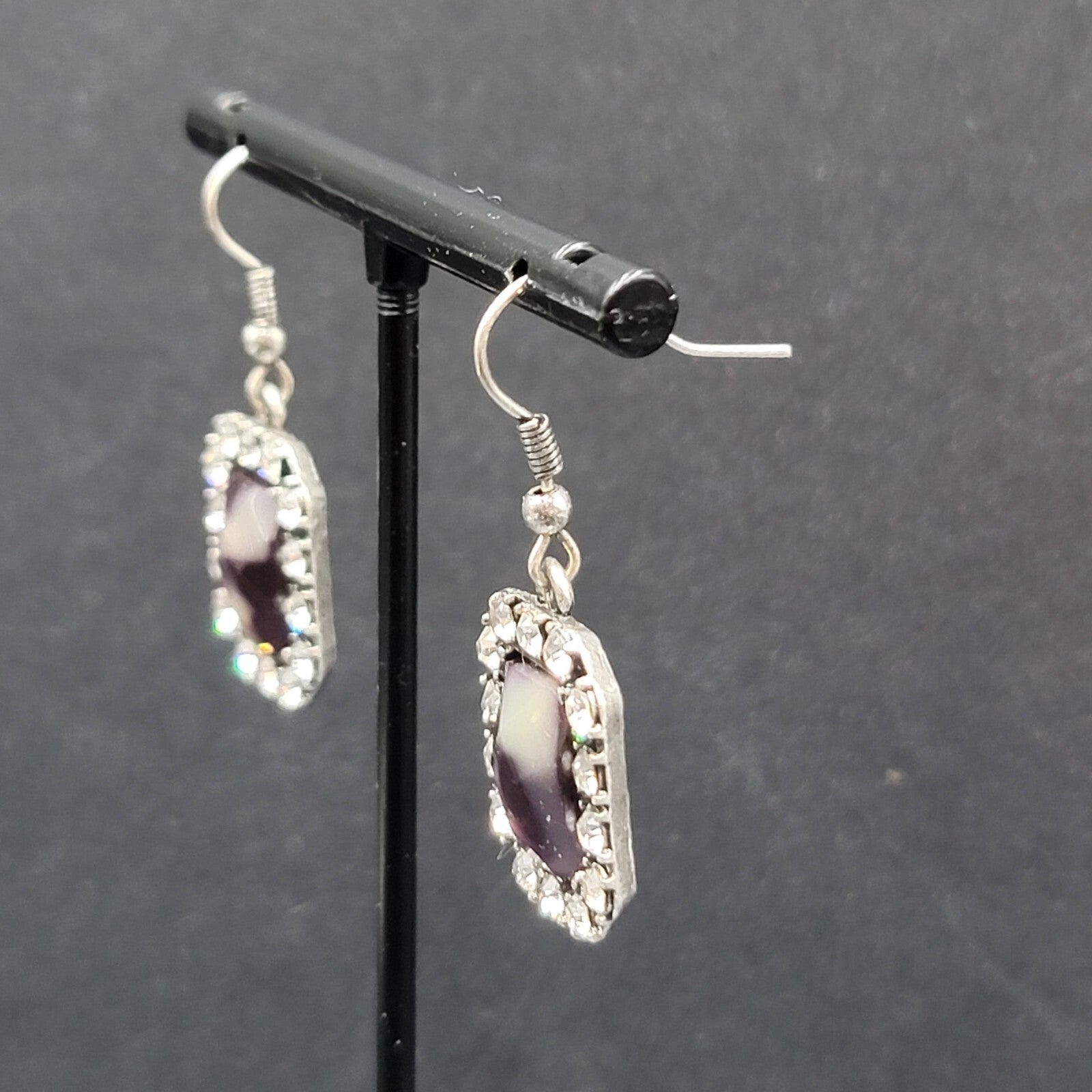 Pierced Earrings Silver tone Rhinestone Gray Faceted Dangle 3/4"