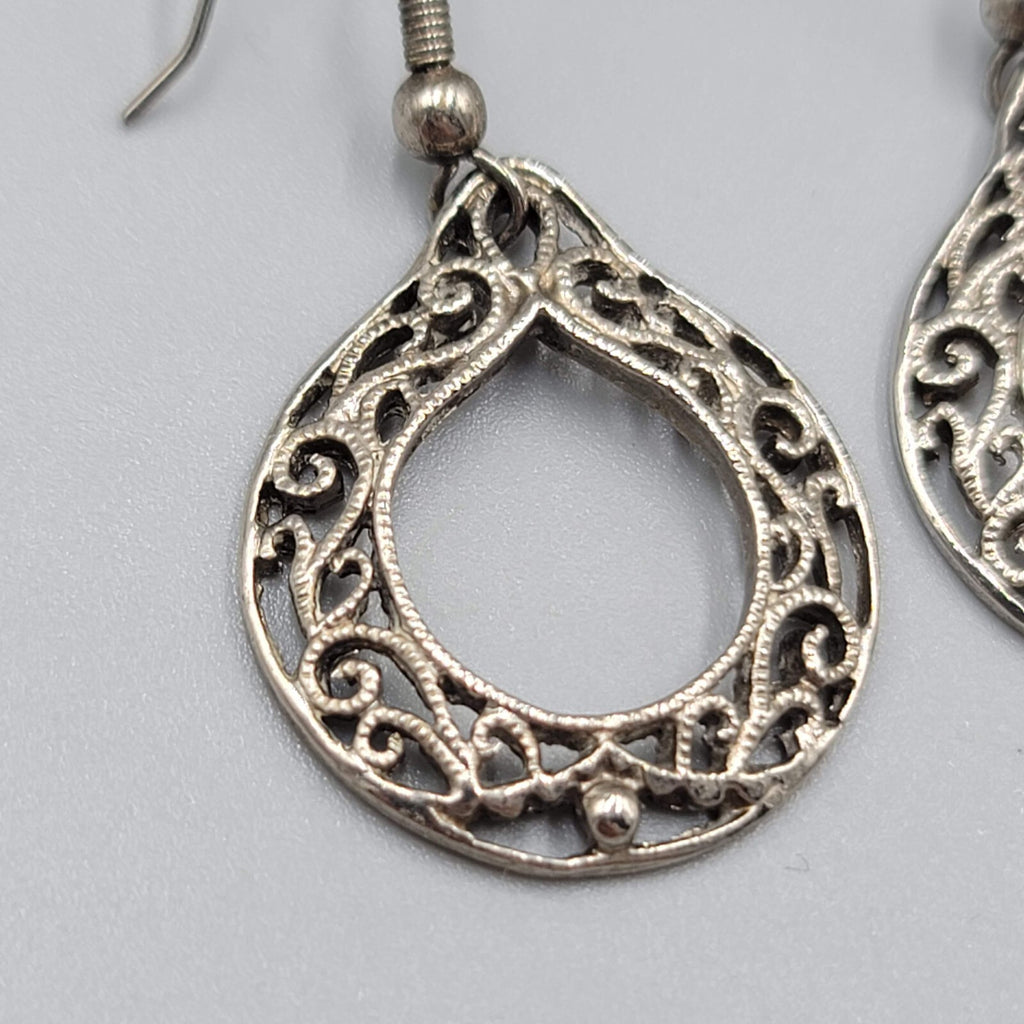 Vintage Pierced Earrings Silver tone Open Filigree Dangle 1"