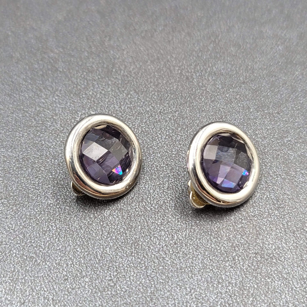 Clip on Earrings Silver tone Purple Faceted Round Stud 5/8"