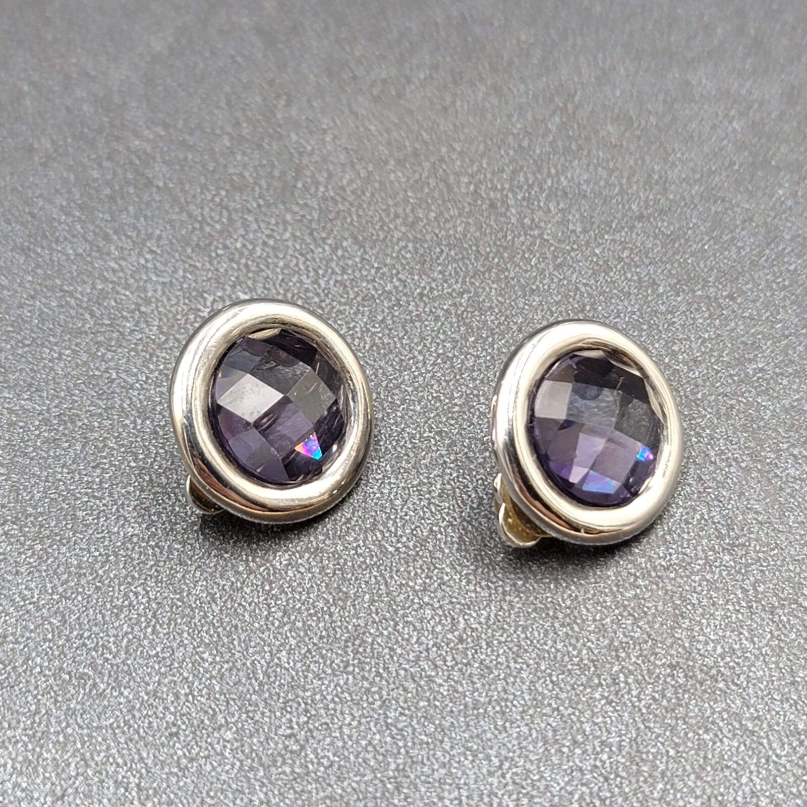 Clip on Earrings Silver tone Purple Faceted Round Stud 5/8"