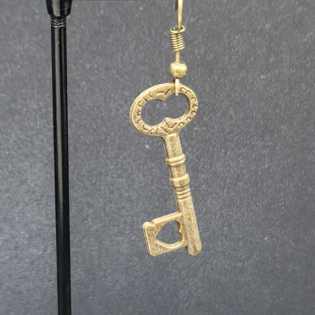 New Heart Skeleton Key Pierced Earrings Bronze tone Dangle 1 3/8"