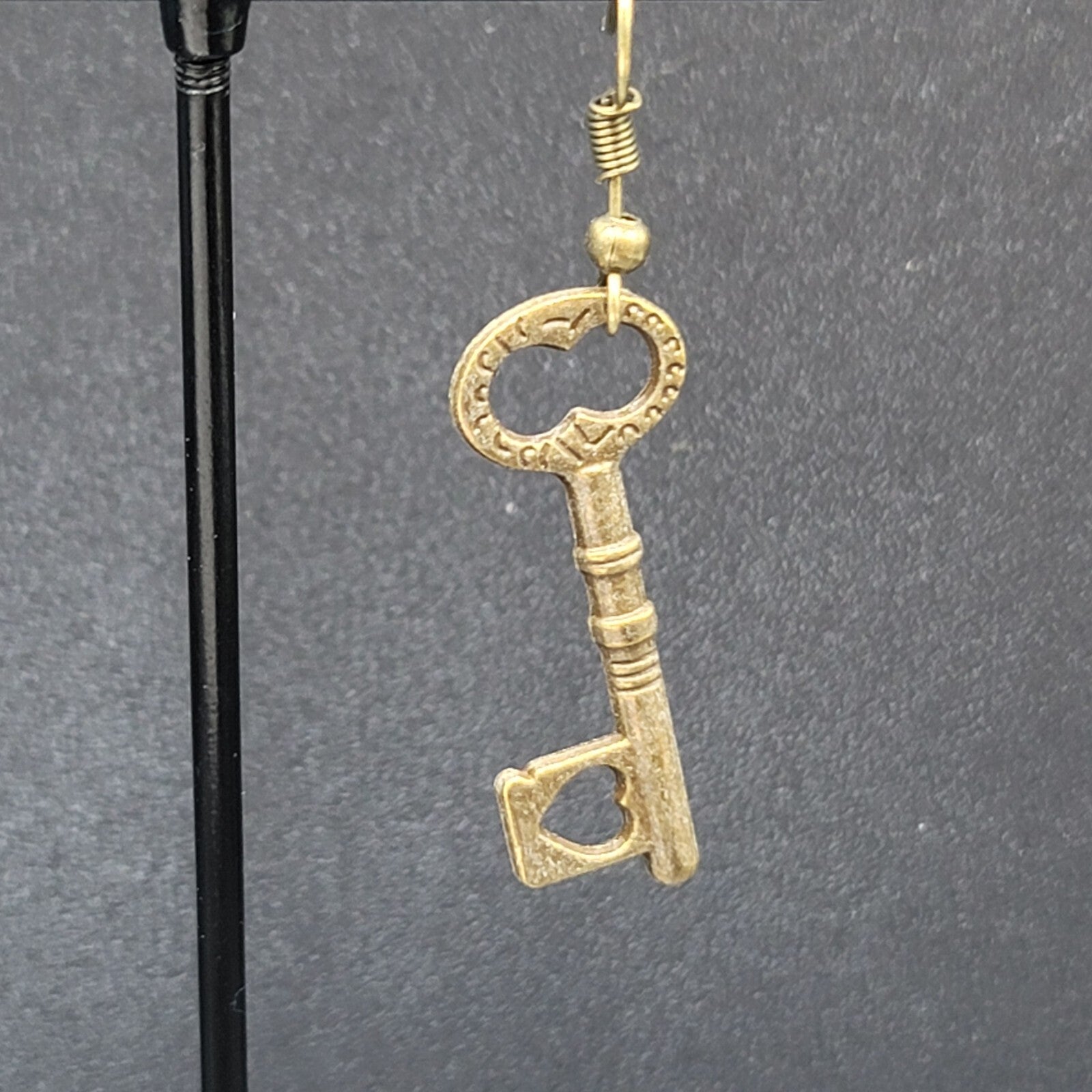 New Heart Skeleton Key Pierced Earrings Bronze tone Dangle 1 3/8"