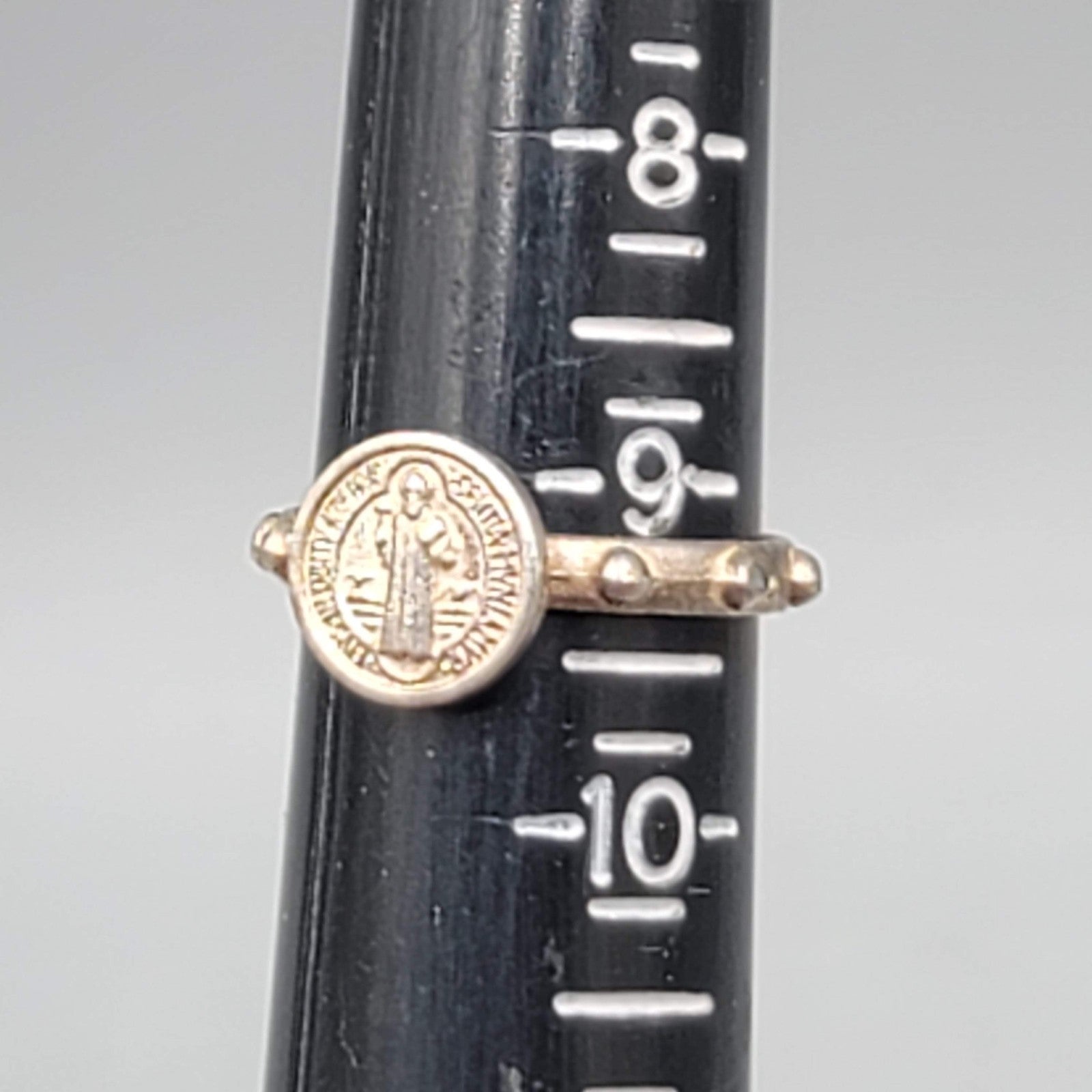 Saint Benedict Silver Tone One Decade Rosary Ring Size 9.25
