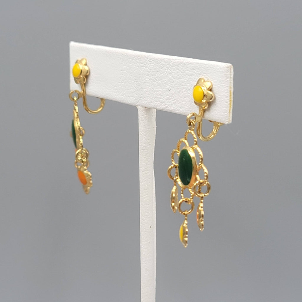 Vtg Celebrity Clip on Earrings Gold tone Dangle Orange Green Yellow Enamel 1.25"