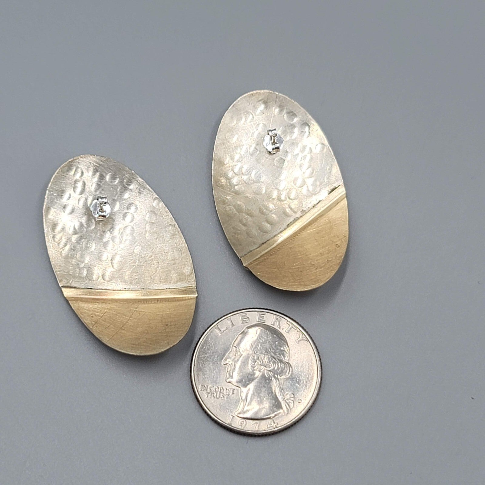 Pierced Earrings Hammered Silver and Gold tones Oval Drop Gold Filled Posts 1.5"