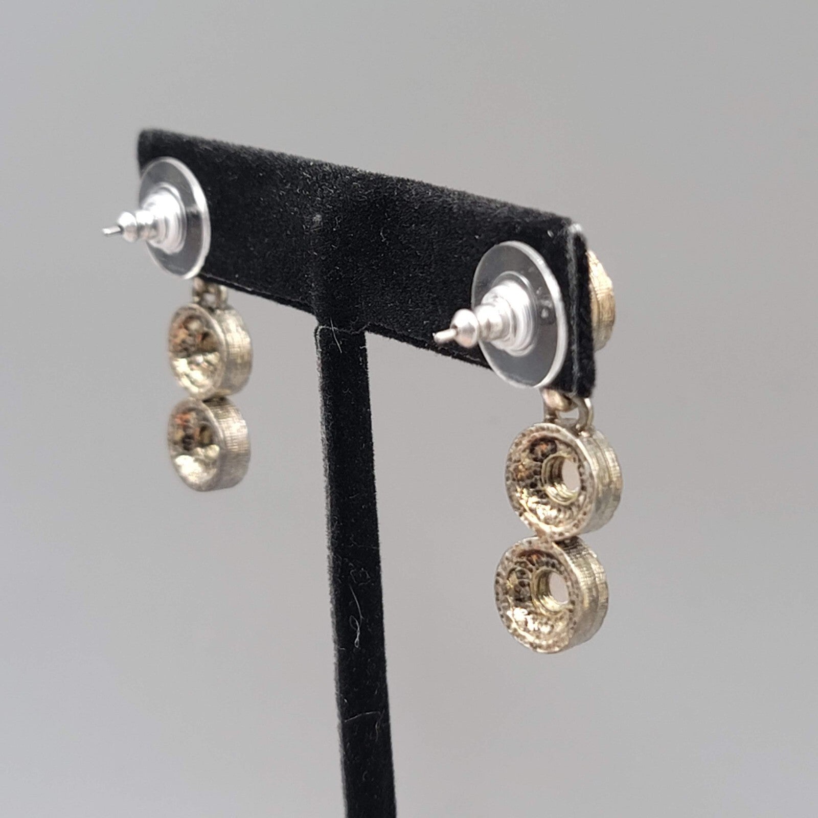 Pierced Earrings Silver tone Multicolor Rhinestones Round Dangle 1.25"