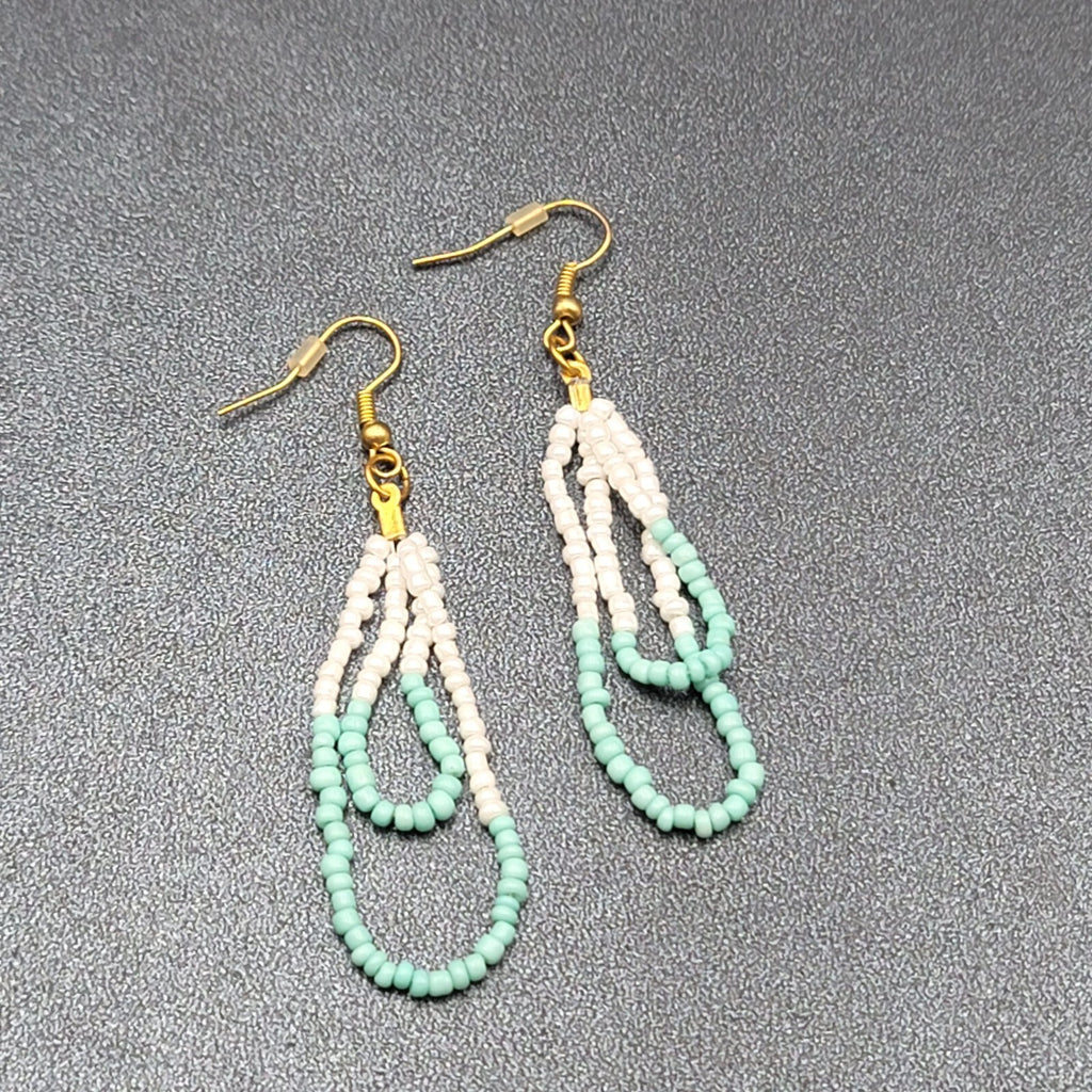 Pierced Earrings White Mint Green Seed Bead Dangle Loops 2.25"