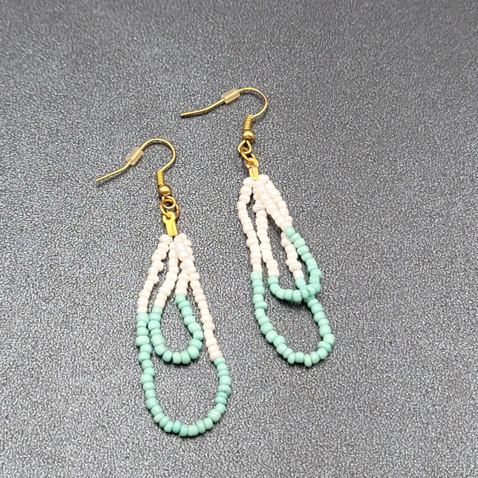 Pierced Earrings White Mint Green Seed Bead Dangle Loops 2.25"