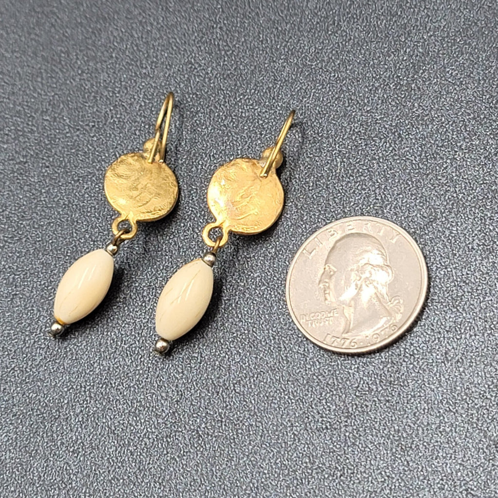 Pierced Earrings Brushed Gold Plated White Bead Dangle 1.5"