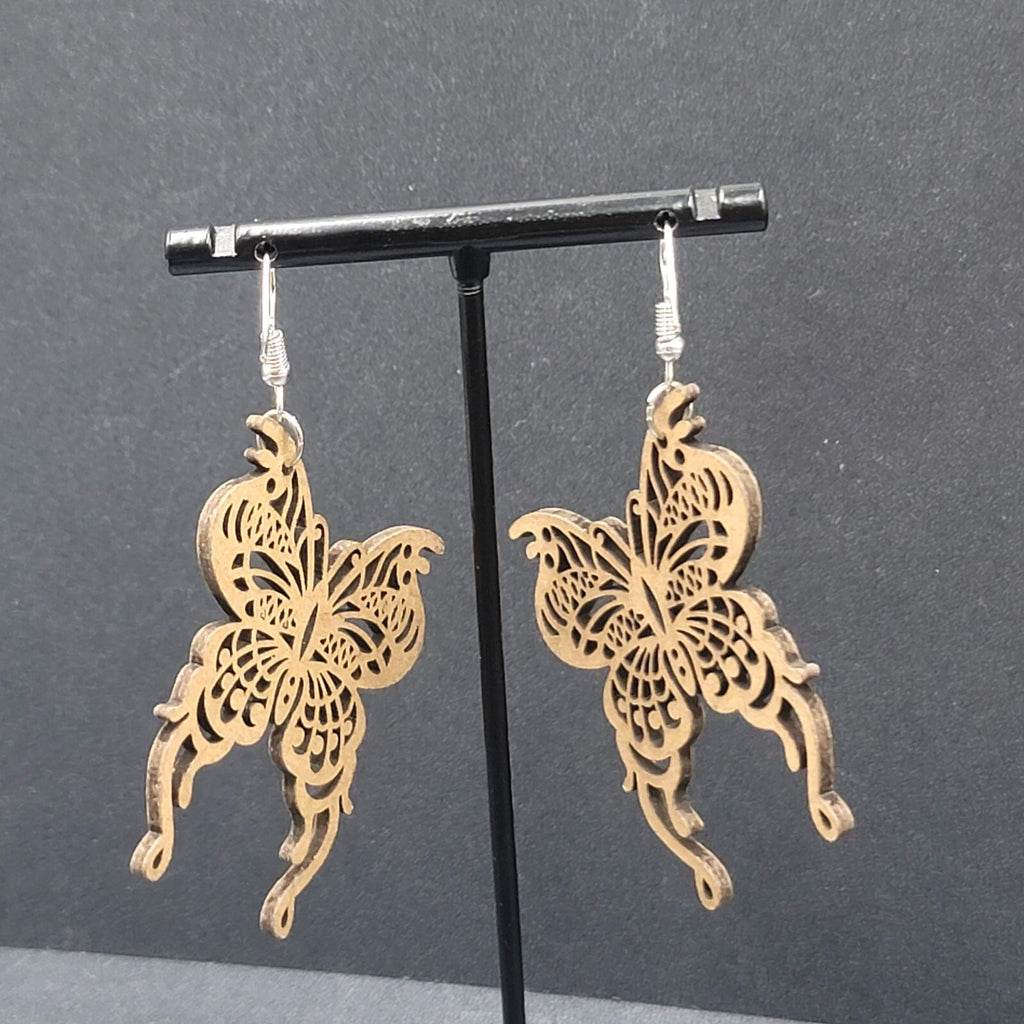 Butterfly Pierced Earrings Laser Cut Wood Dangle Statement 1.75"