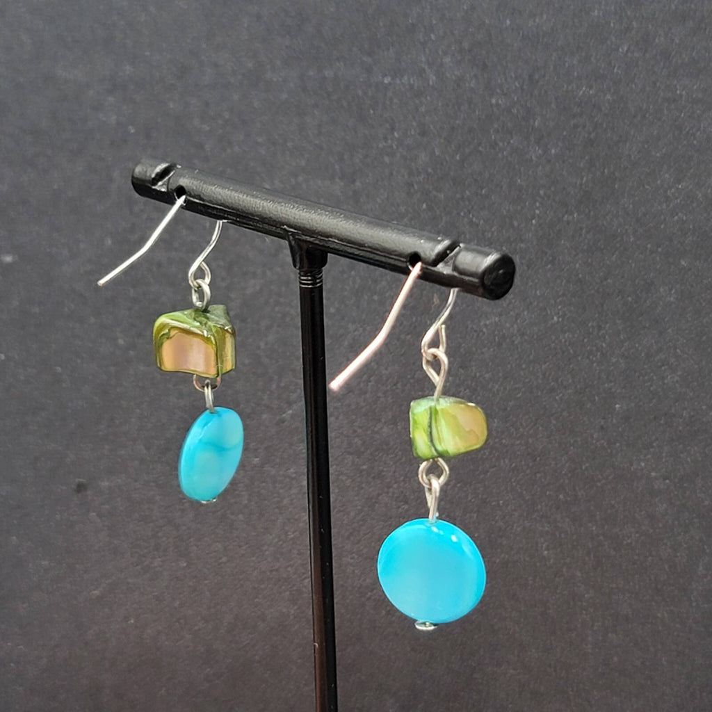Pierced Earrings Green Blue Shell Bead Dangle Silver tone Hooks 1"