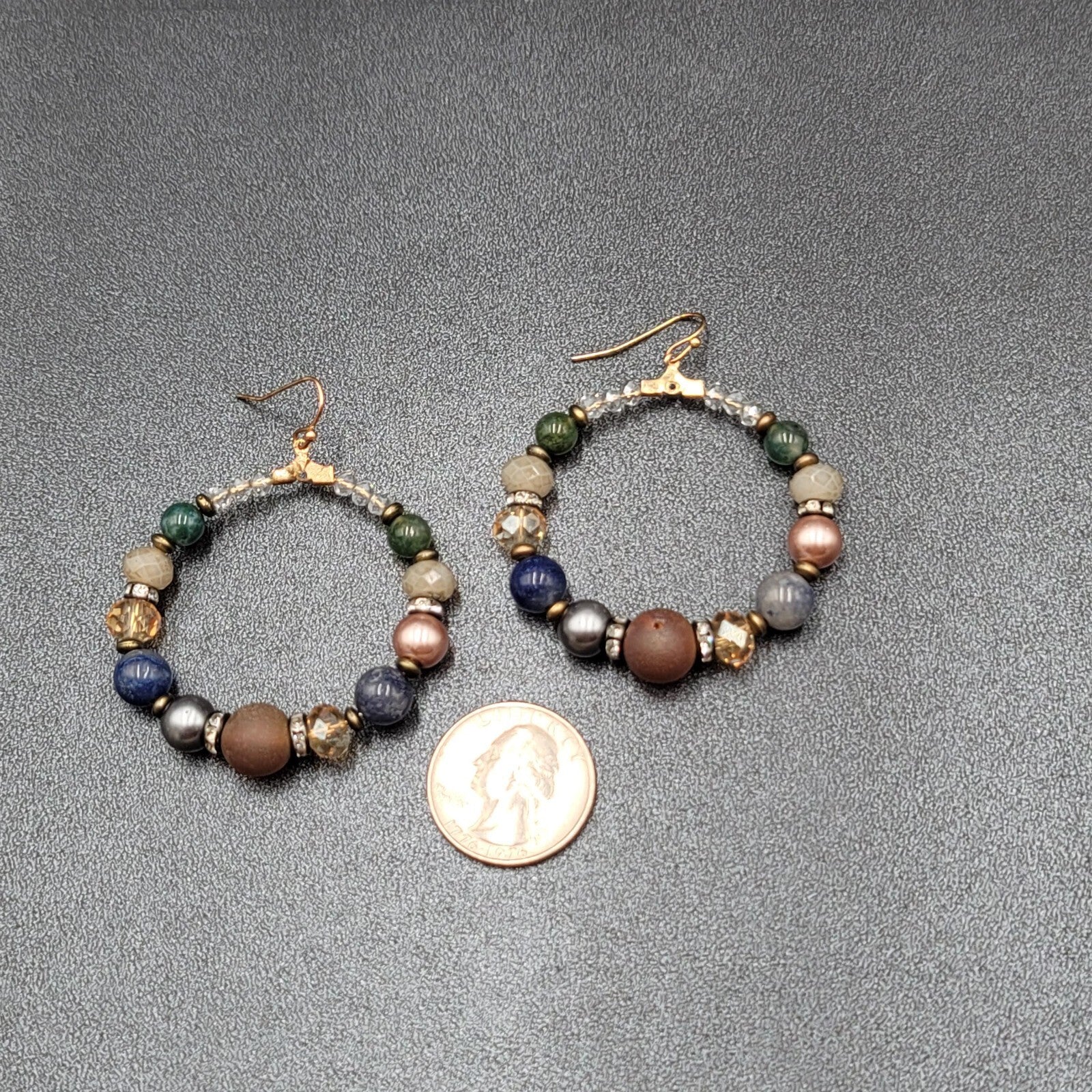 Pierced Earrings Multicolor Stones and Beads Large Hoops 2"