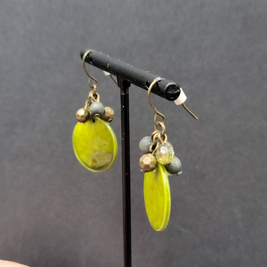 Pierced Earrings Green Shell and Beaded Dangle 1.25"