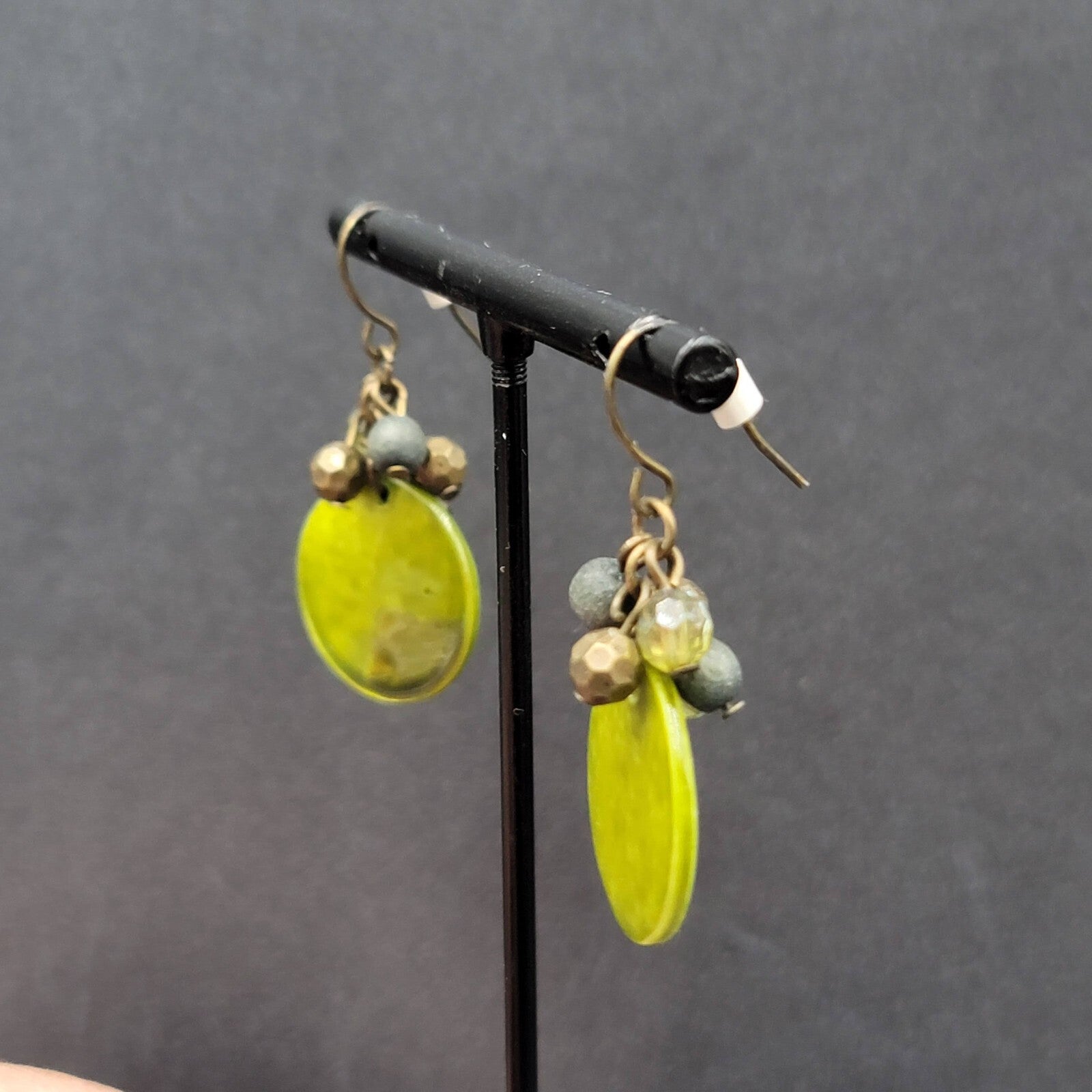 Pierced Earrings Green Shell and Beaded Dangle 1.25"