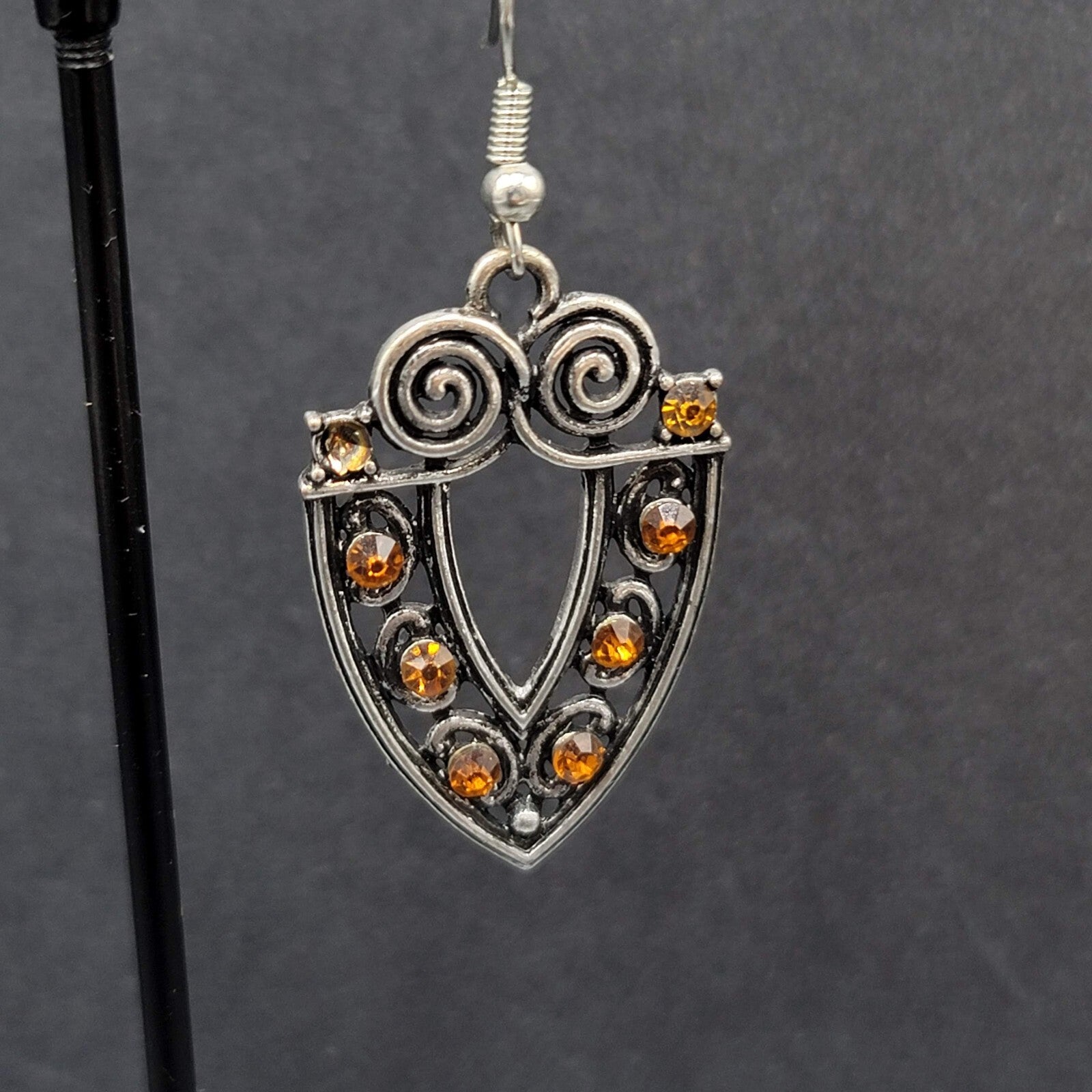 Pierced Earrings Silver tone Orange Rhinestone Dangle 1 3/8"