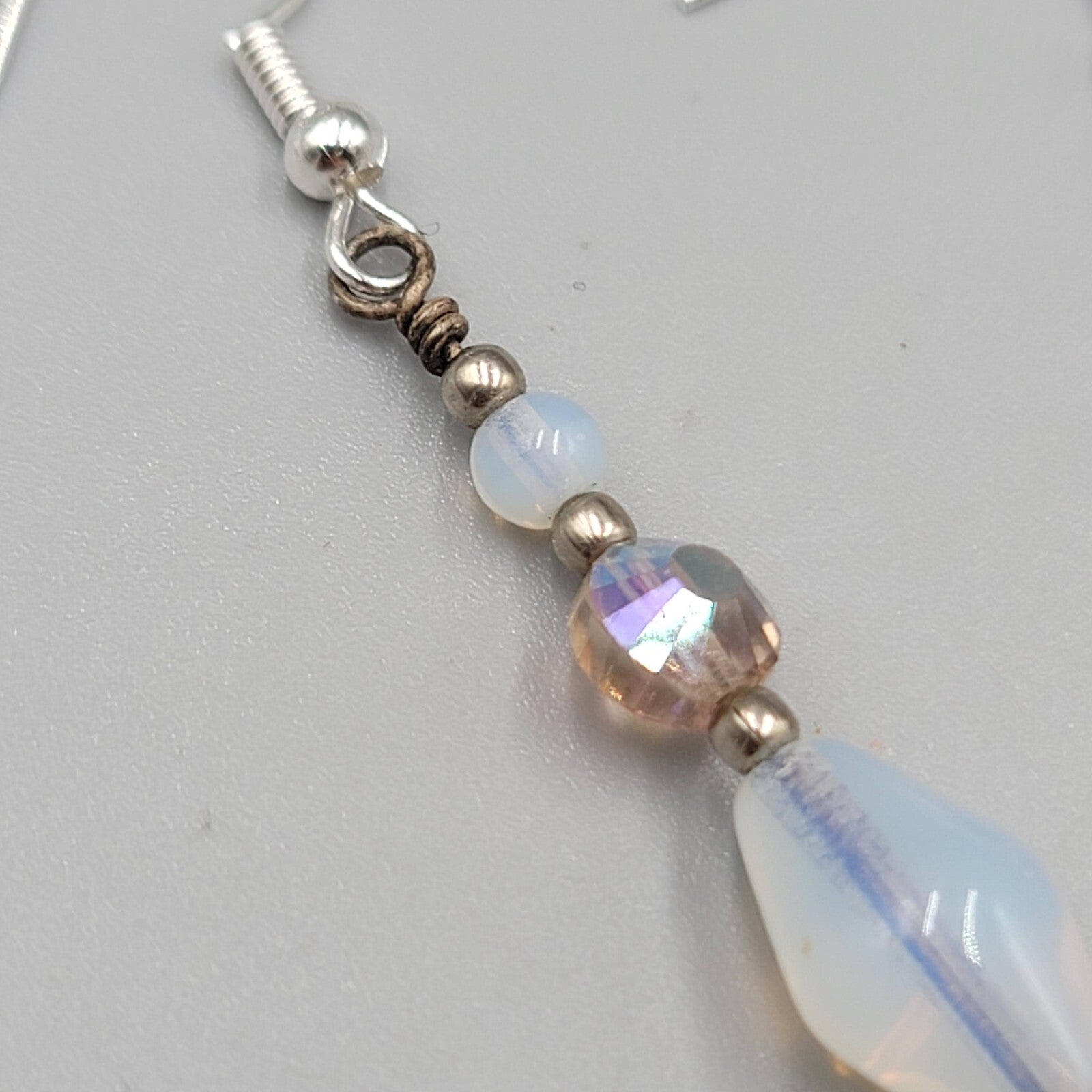 Sterling Silver Pierced Earrings Blue Iridescent Bead Dangle 1.75"