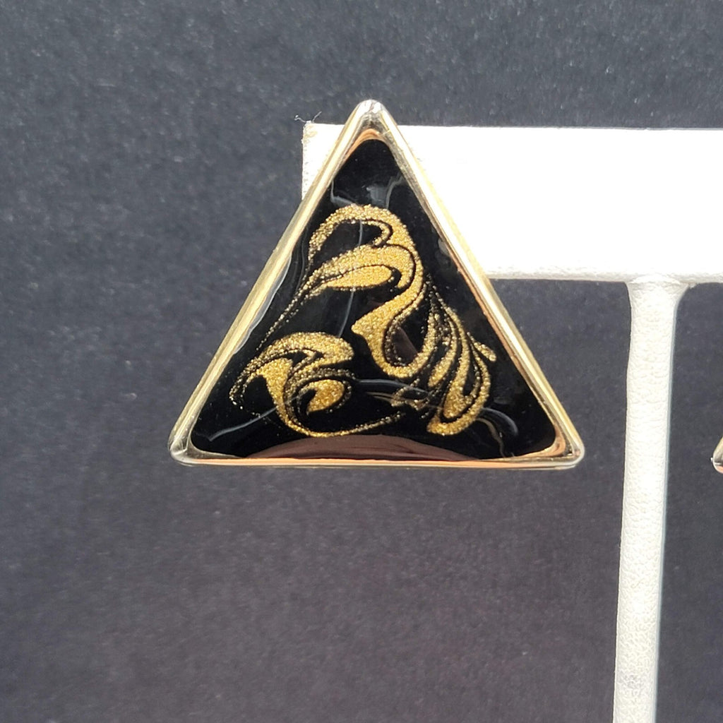 Vintage Clip on Earrings Black Gold Enamel Triangle Large Statement 1 3/8"