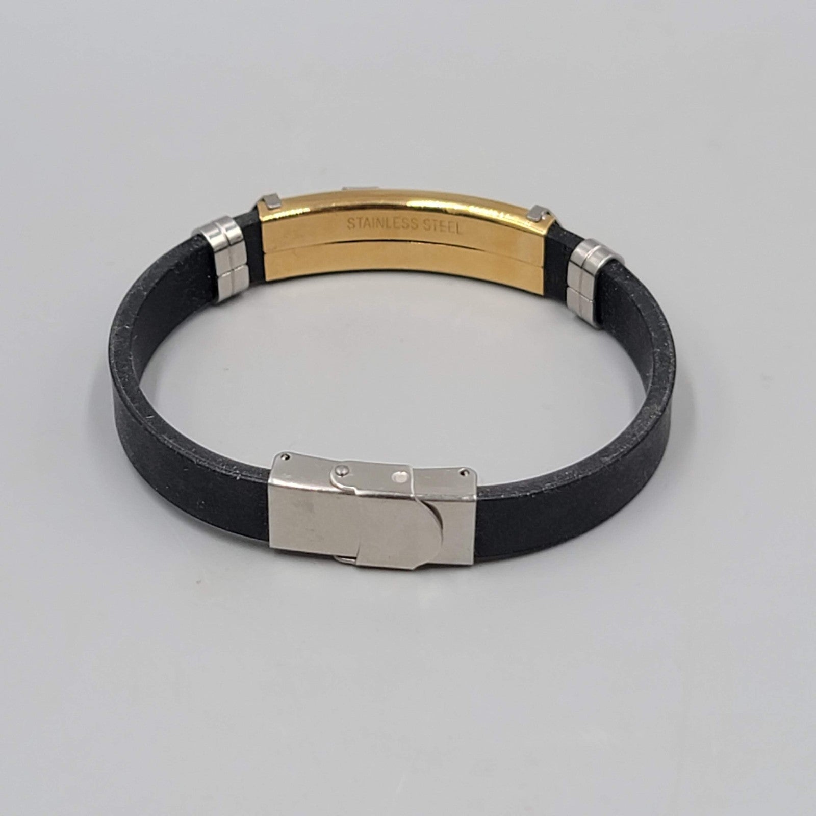 Mens Cross Bracelet Black Leather Gold and Silver tones 7.5"