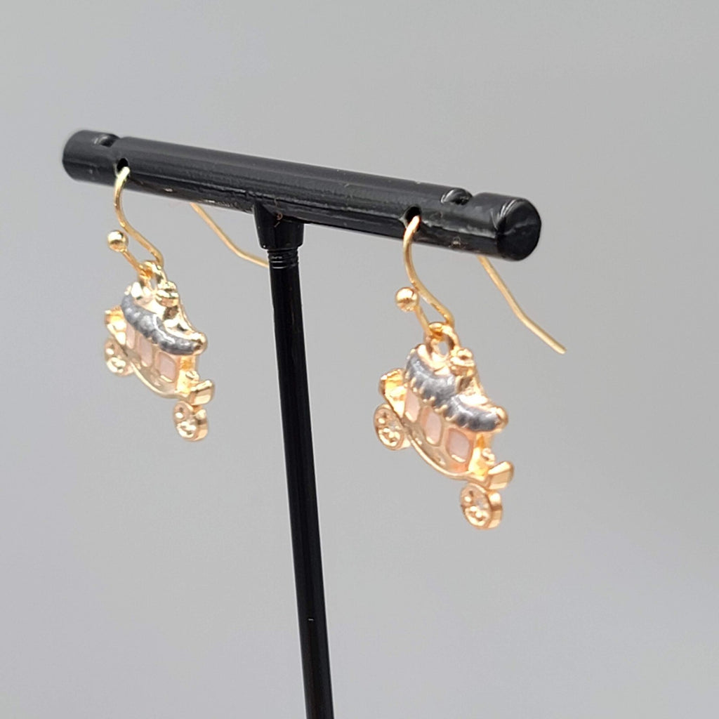 Carriage Enamel Pierced Earrings Gold tone Dangle 5/8"