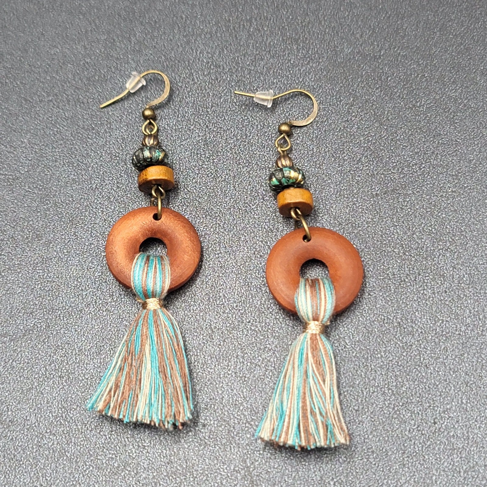 New Boho Pierced Earrings Wood Ring Blue White Tassel Beaded Dangle 2.75"