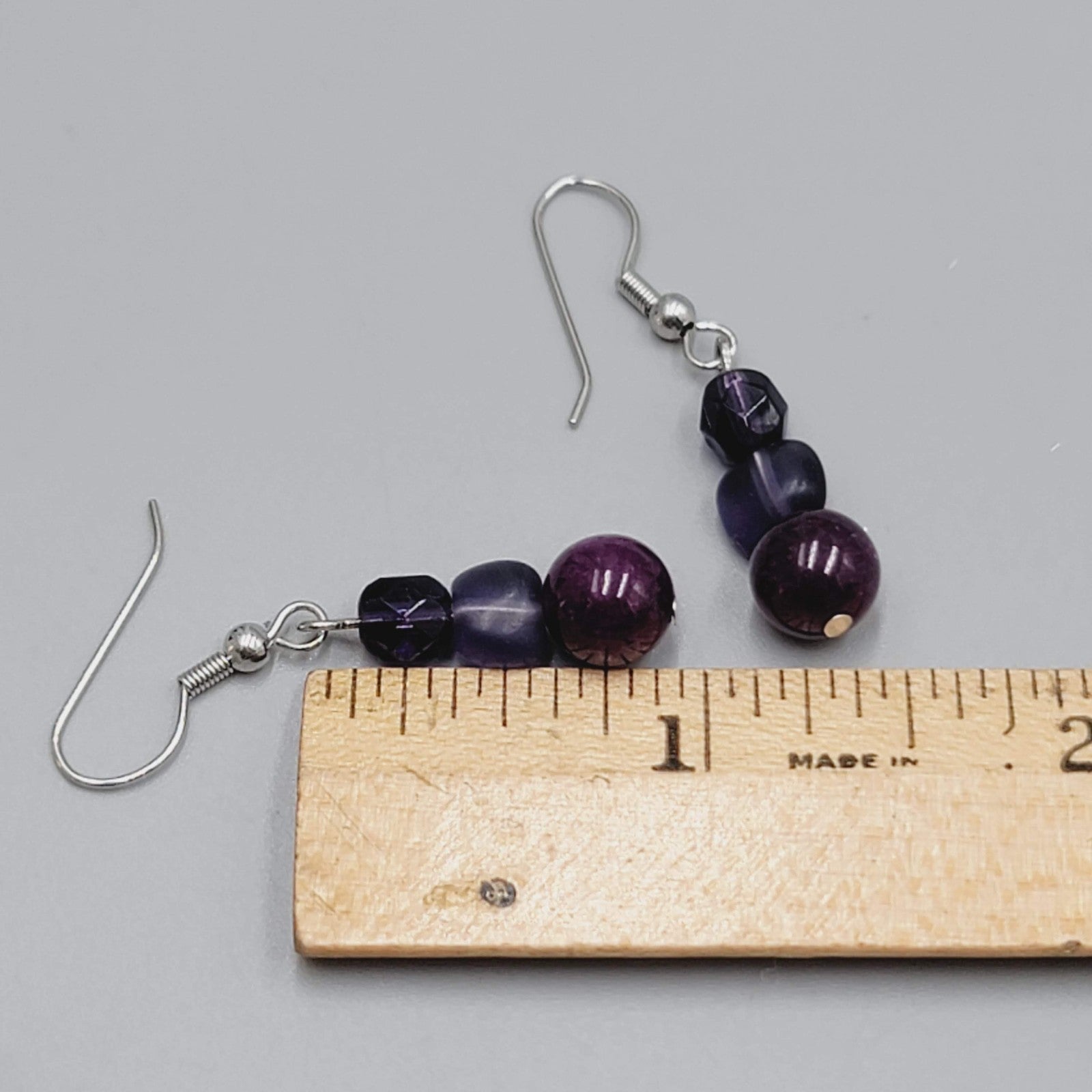 Amethyst and Purple Glass Pierced Earrings  Silver tone Dangle 1"