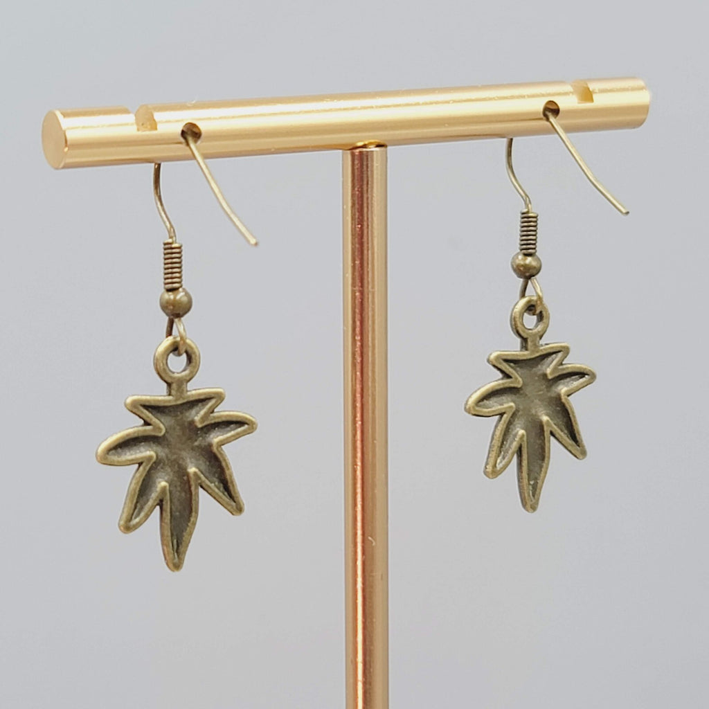 Marijuana Leaf Weed 420 Pierced Earrings Bronze tone Dangle 3/4"