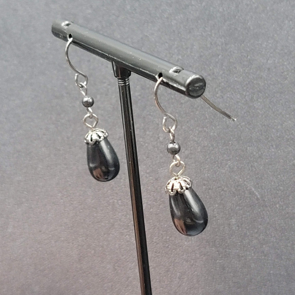 Pierced Earrings Black Metal Capped Teardrop Bead 3/4"