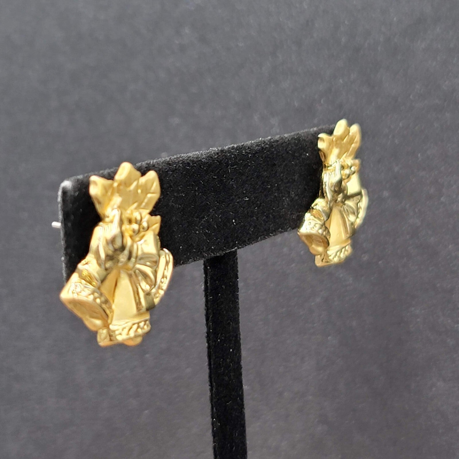 Christmas Bells Pierced Earrings Gold tone Holly Drop 7/8"