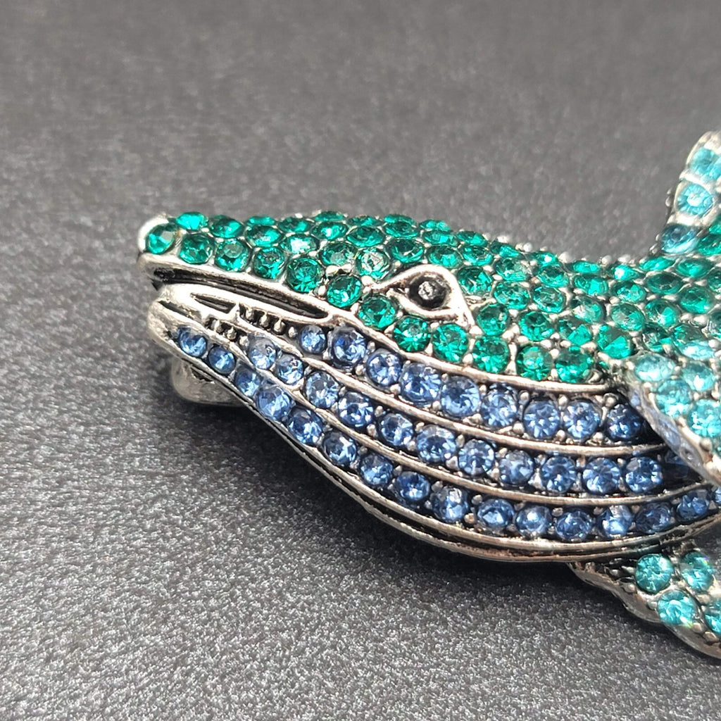 Crystal Rhinestone Brooch Blue Whale Sea life Silver tone 2"