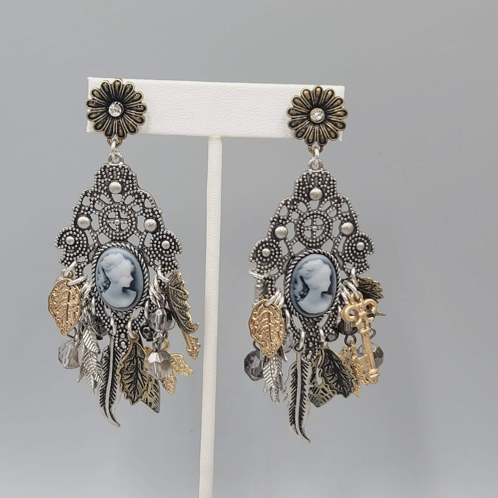 Statement Cameo Charm Pierced Earrings Tri-tone Dangle 3.75"