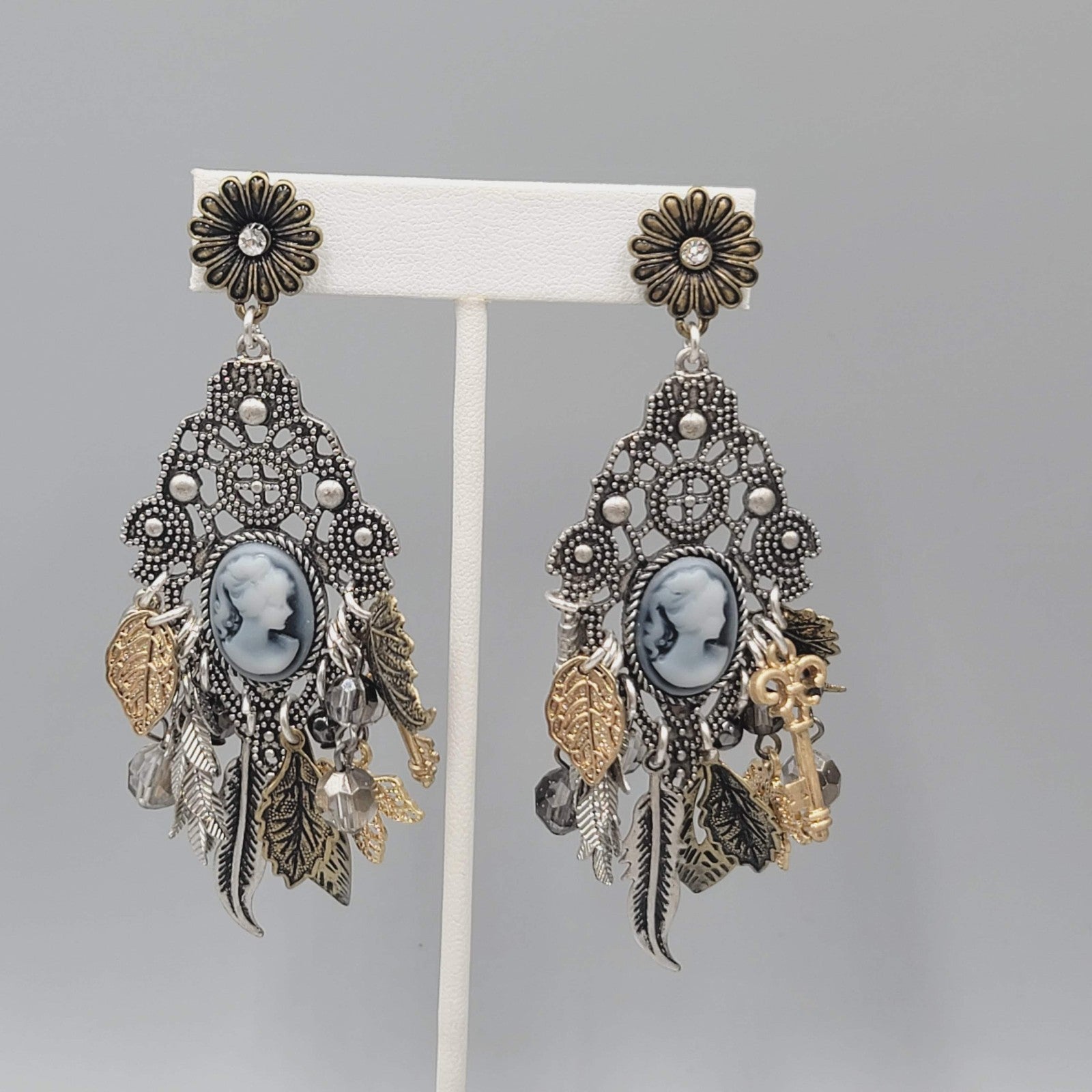 Statement Cameo Charm Pierced Earrings Tri-tone Dangle 3.75"