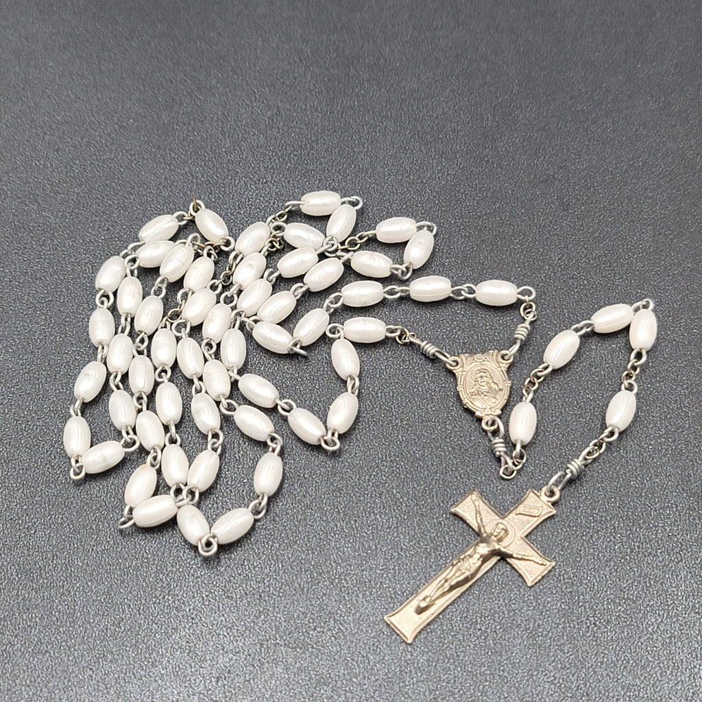 Vintage White Bead Catholic Rosary Crucifix Silver tone