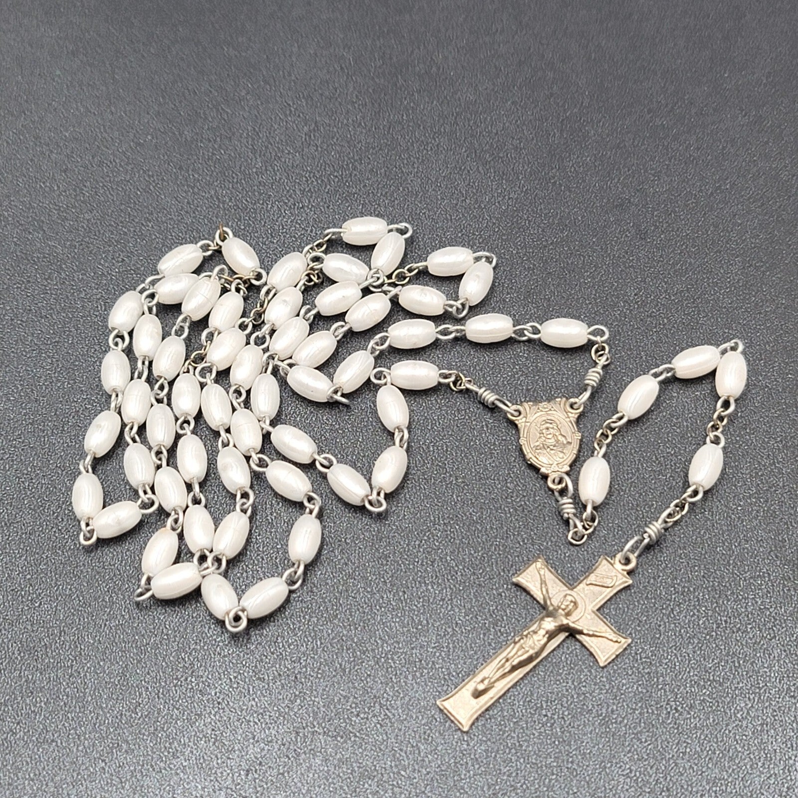 Vintage White Bead Catholic Rosary Crucifix Silver tone