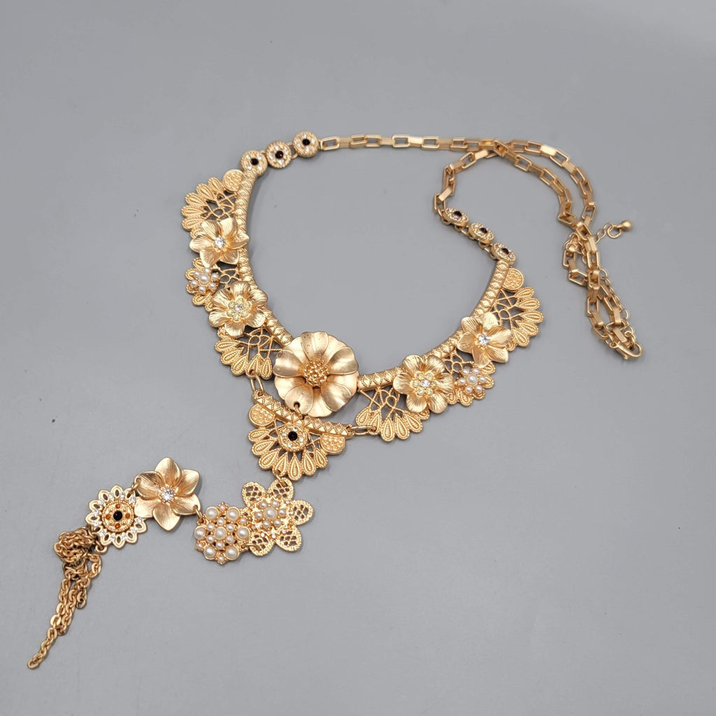 Flower Statement Bin Long Y Drop Necklace Crystal Rhinestone Gold tone LONG