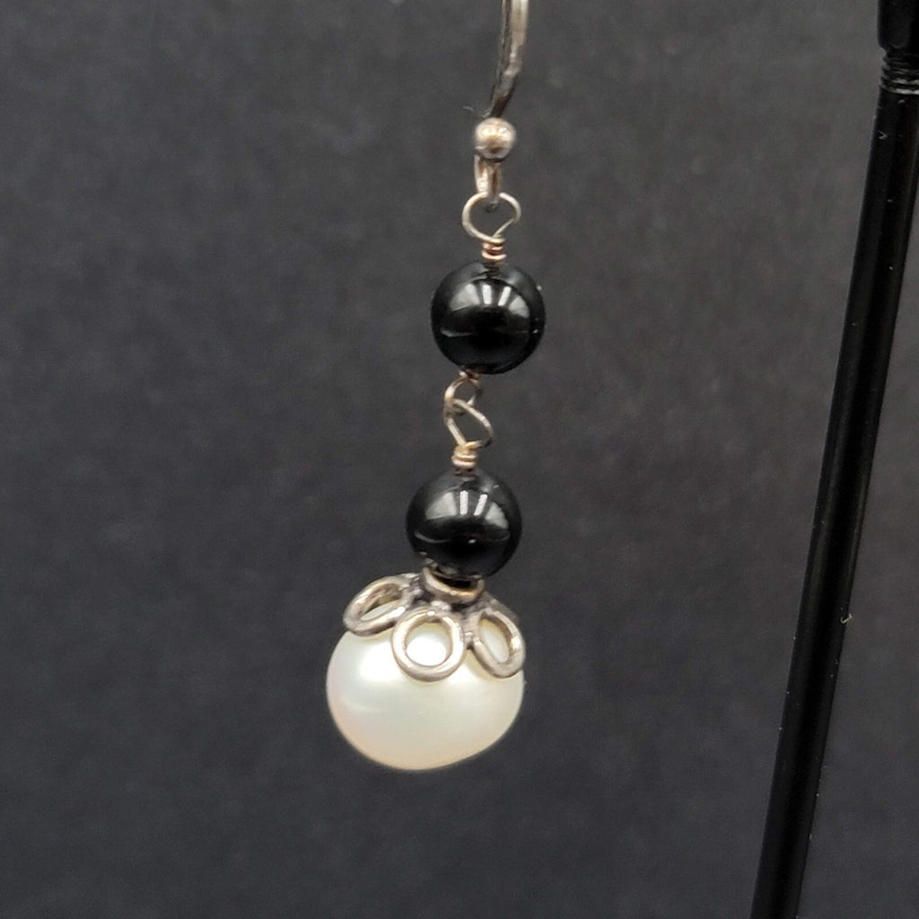 Sterling Silver Pierced Earrings Capped Pearl Bead Dangle 1.25"