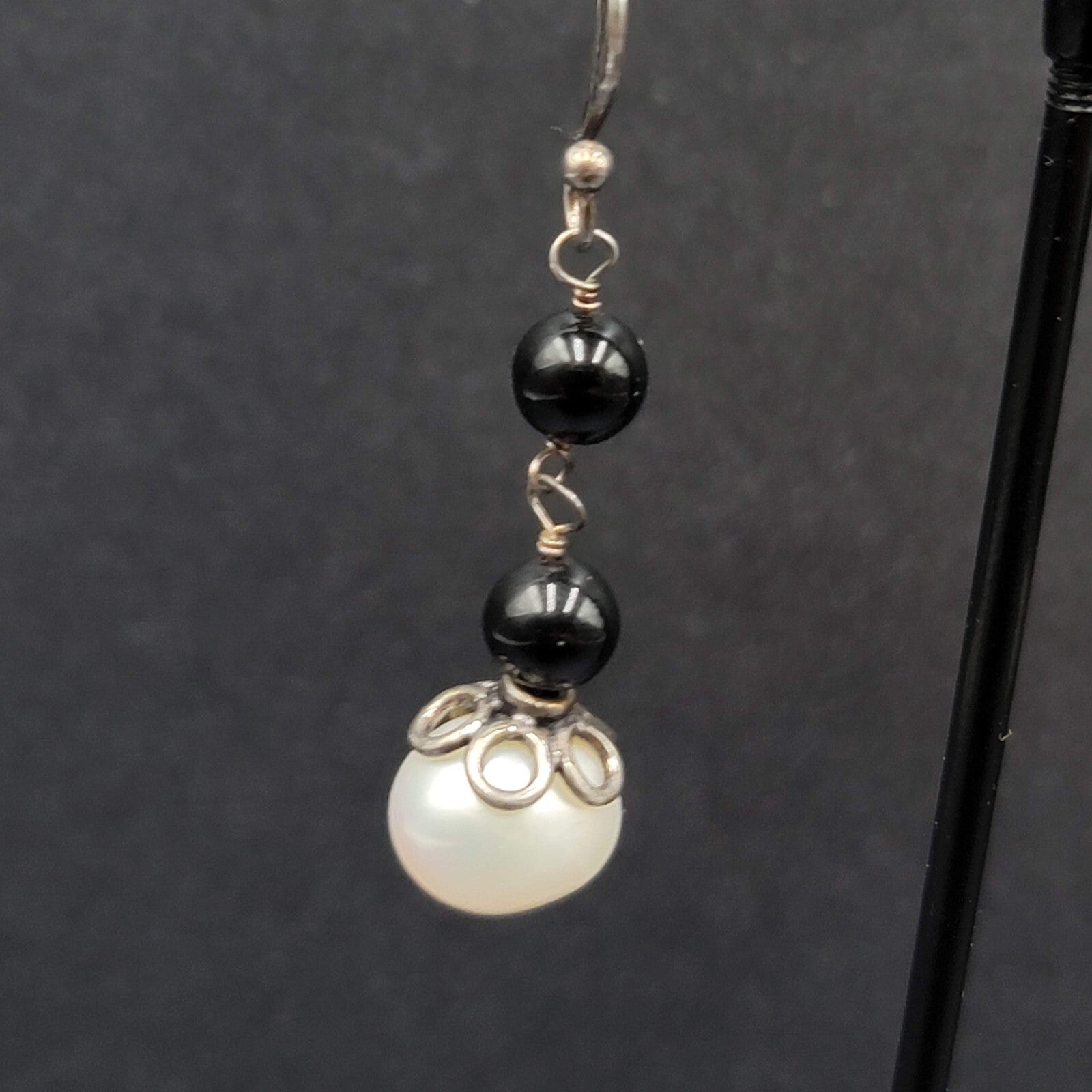 Sterling Silver Pierced Earrings Capped Pearl Bead Dangle 1.25"