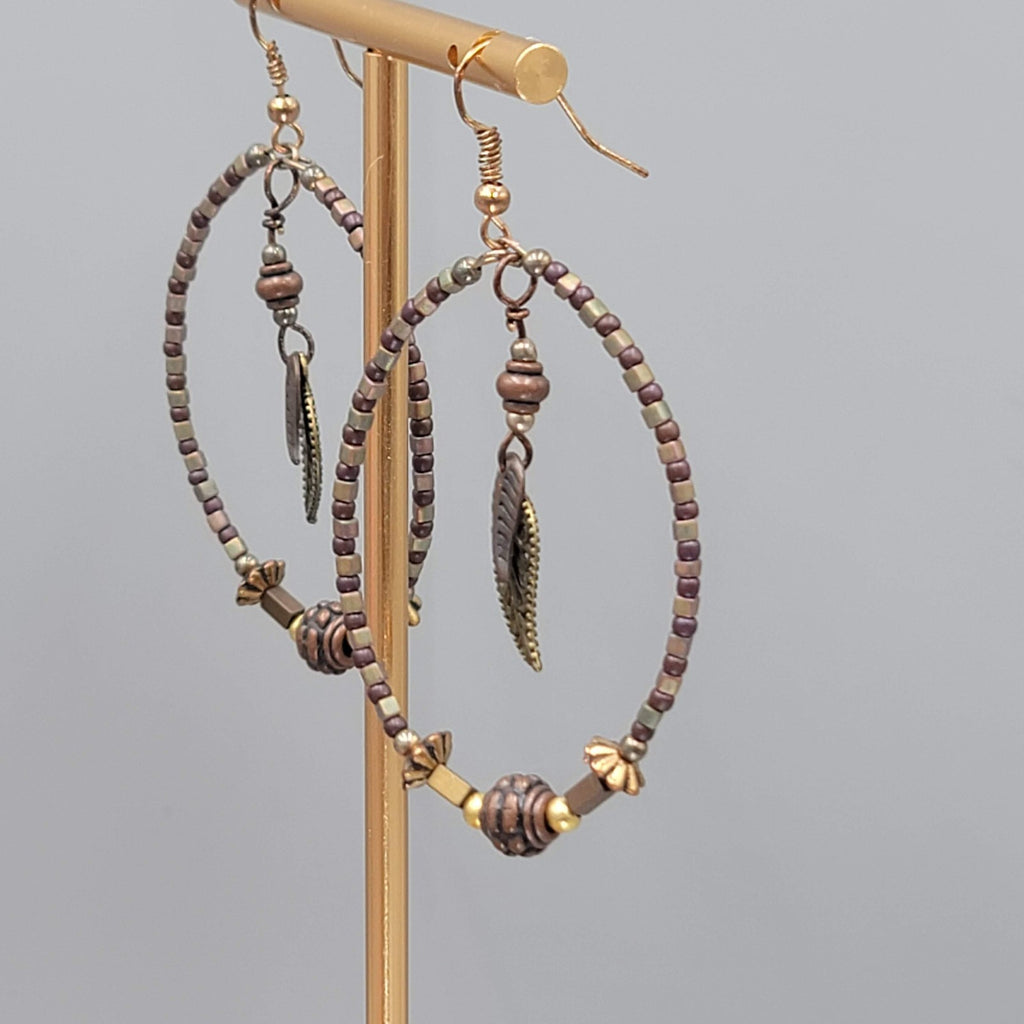 Boho Beaded Hoops Pierced Earrings Copper toen Leaf Dangle 2"