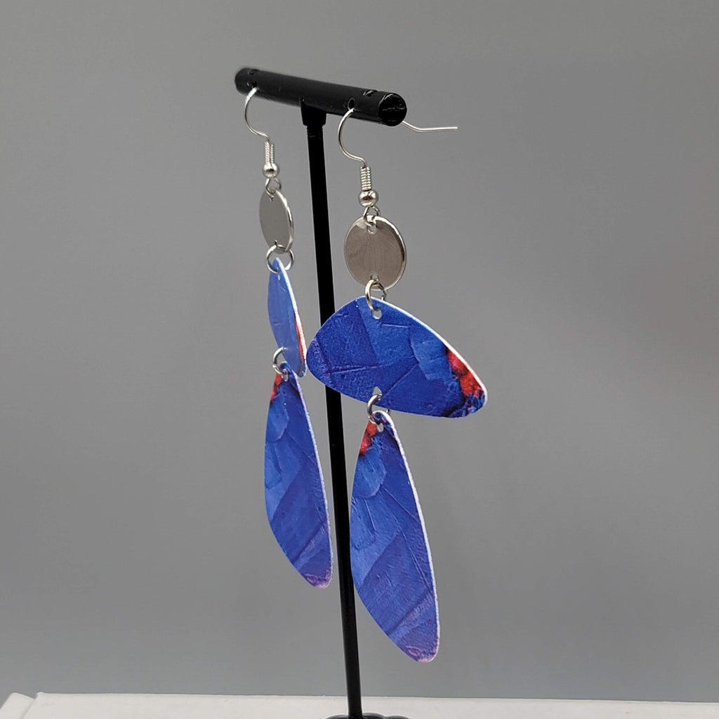 Long Statement Pierced Earrings Silver tone Blue Geometric Statement Dangle 3"