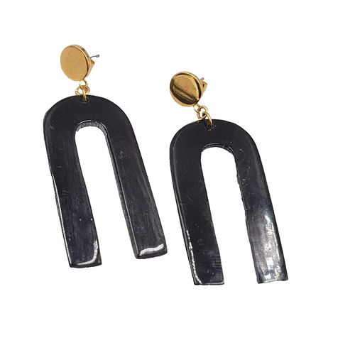 Carved Horn Statement Pierced Earrings Gold tone Dangle 2.5 in