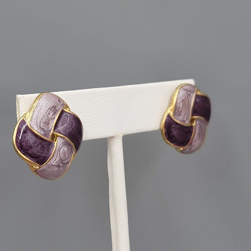 Vintage Purple Enamel Pierced Earrings Square Knot Drop 7/8"
