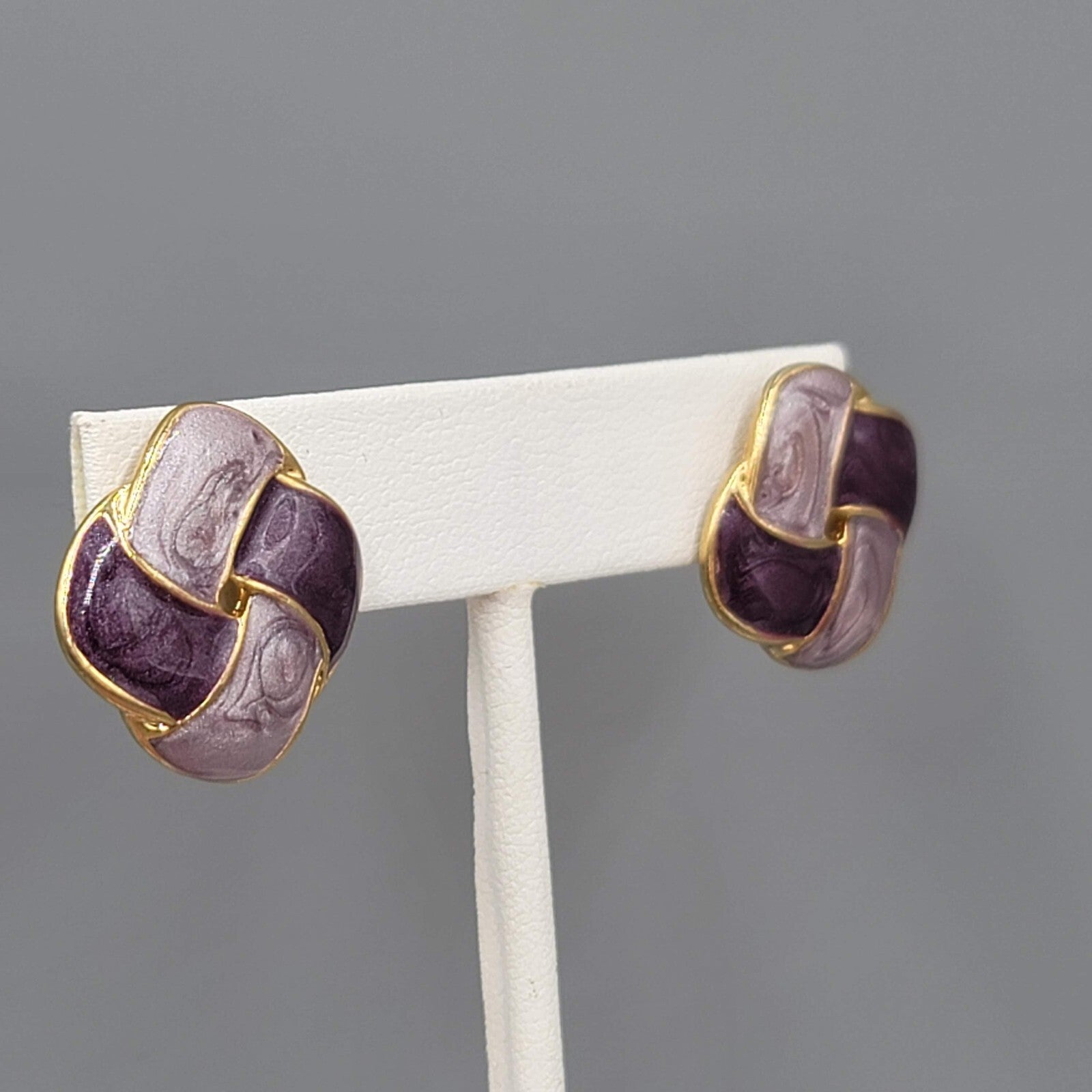 Vintage Purple Enamel Pierced Earrings Square Knot Drop 7/8"