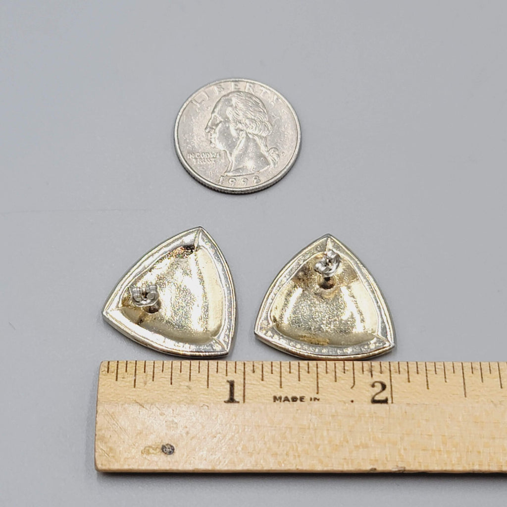Vintage Pierced Earrings Cream Enamel Triangle Silver tone 1"