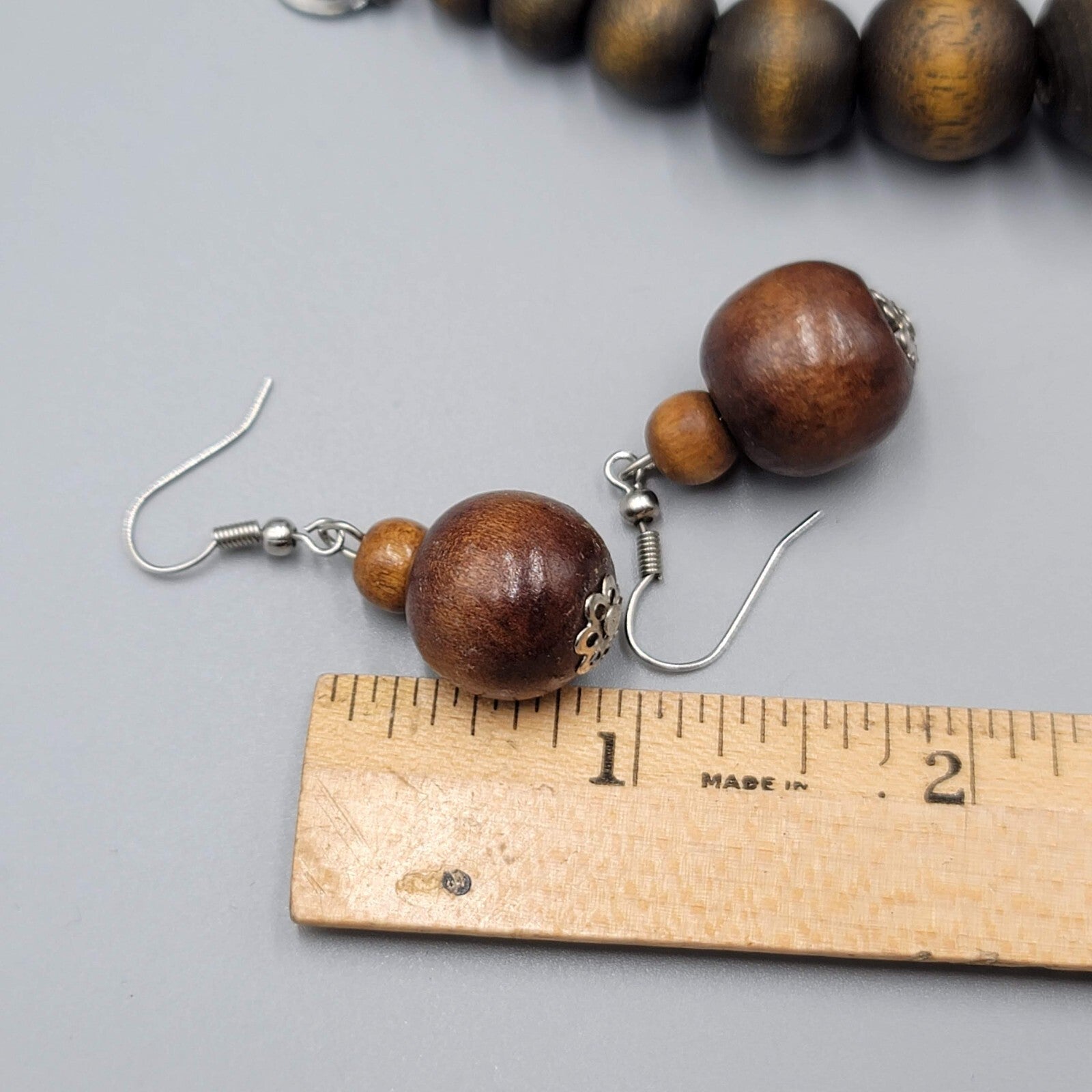 Wood Necklace Pierced Earrings Jewelry Set Large Bead Statement 18"-20"