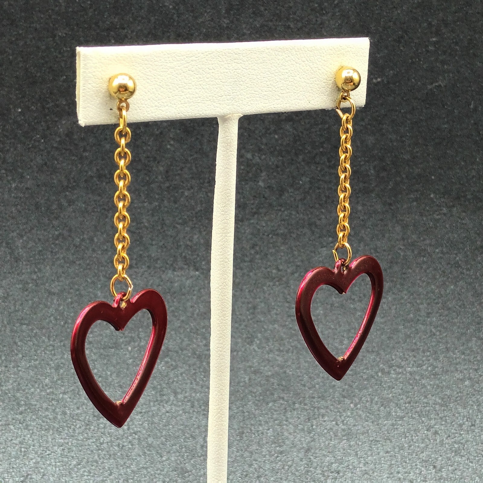 Pierced Earrings Gold tone Chain Sparkle Red Enamel Open Heart 2 1/2"