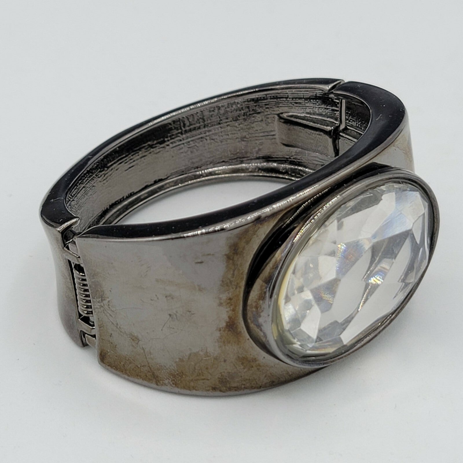 Black Metal Large Clear faceted Acrylic Statement Hinged Cuff Bracelet 